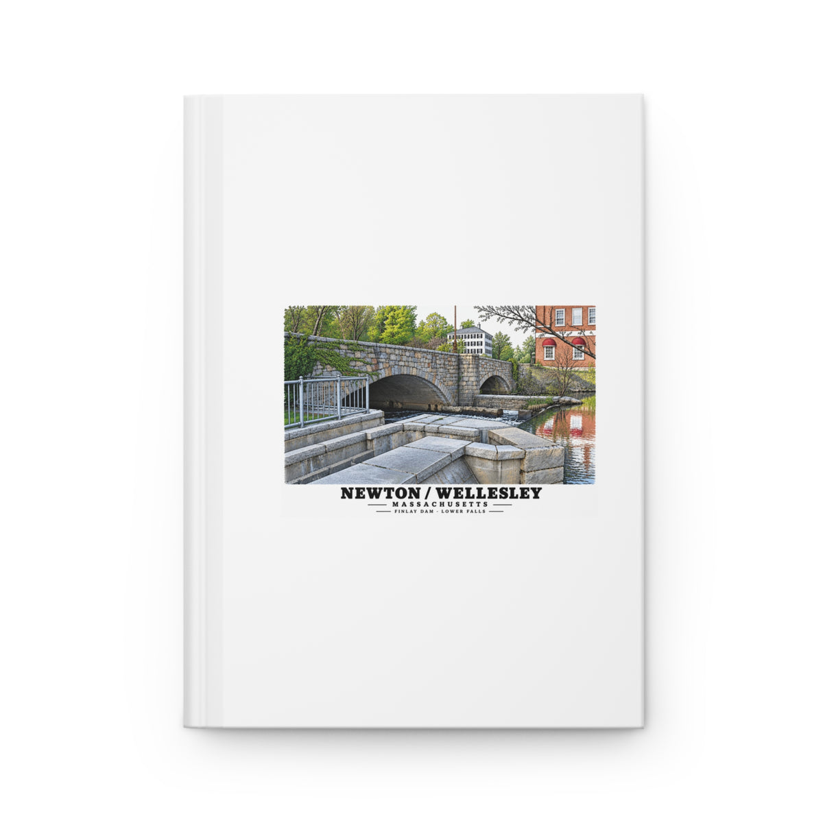 White hardcover journal with Finlay Dam stone arches and water artwork and Newton/Wellesley lettering