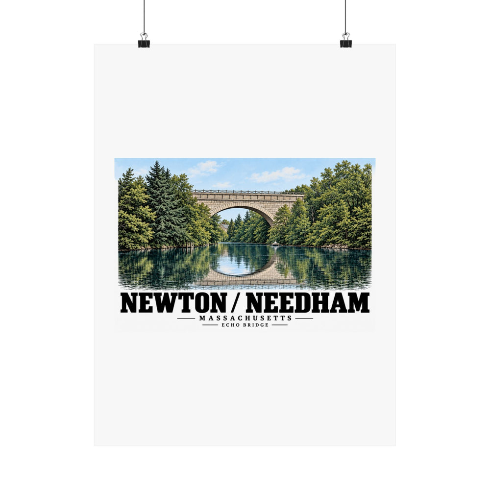 Echo Bridge landscape poster with Newton/Needham lettering hanging from two binder clips