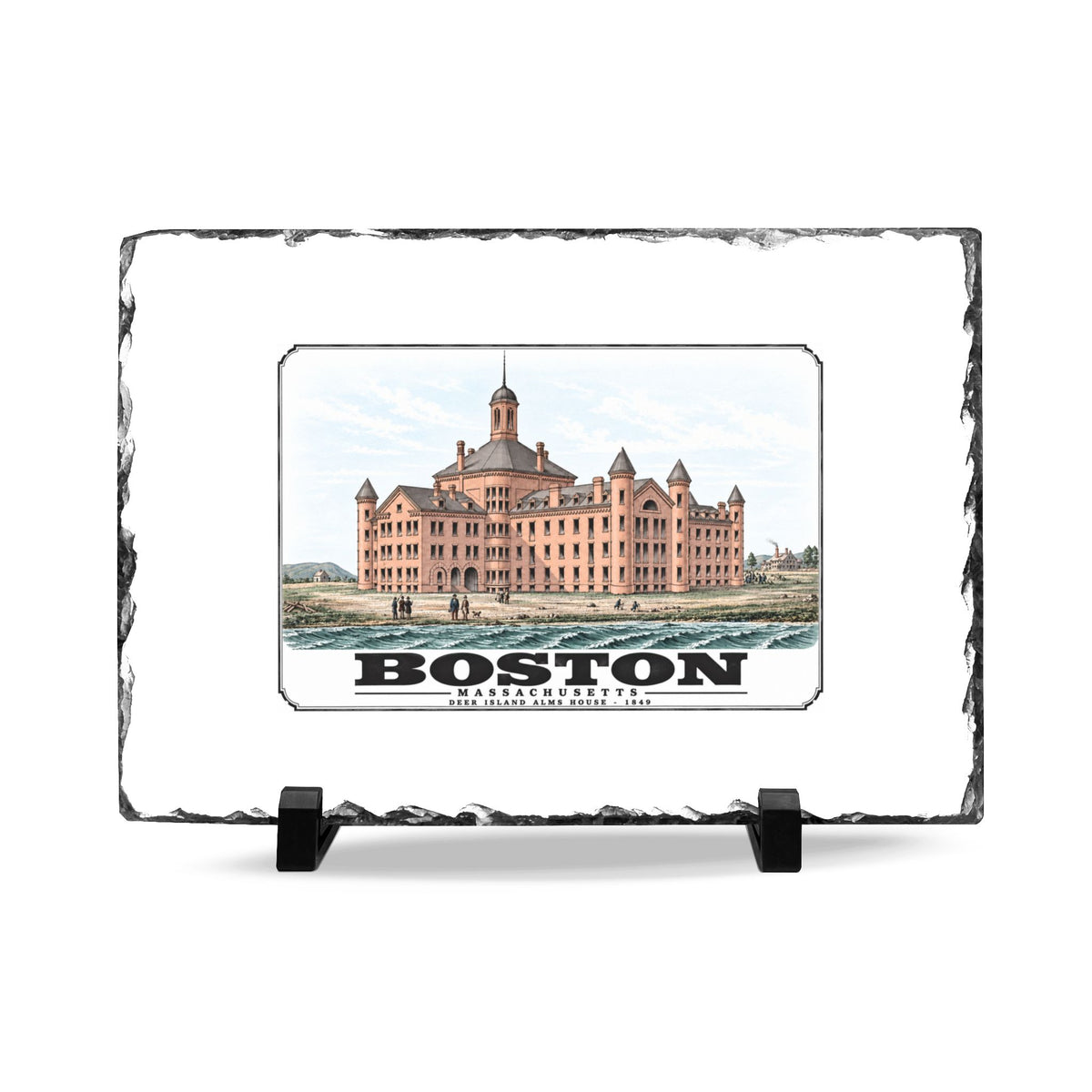 Rough-edged slate display on two black stands with large symmetrical alms house building, grounds and figures artwork and Boston lettering