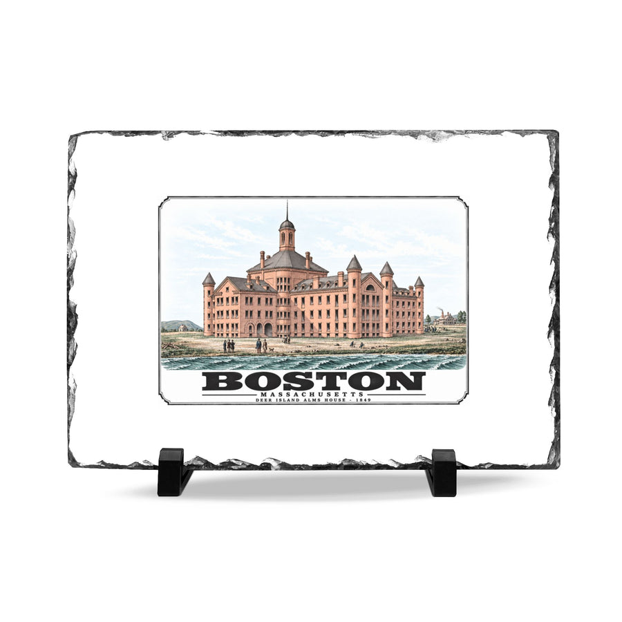 Rough-edged slate display on two black stands with large symmetrical alms house building, grounds and figures artwork and Boston lettering