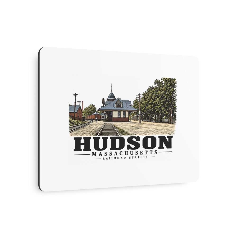 Illustrated Railroad Station in Hudson on metal art sign