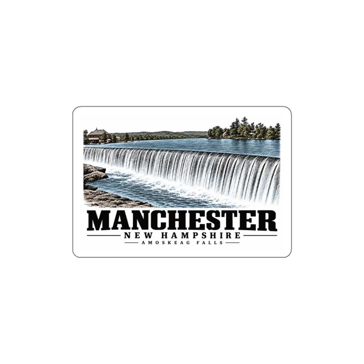 Front of Amoskeag Falls white die-cut sticker, with Manchester, New Hampshire artwork and lettering.
