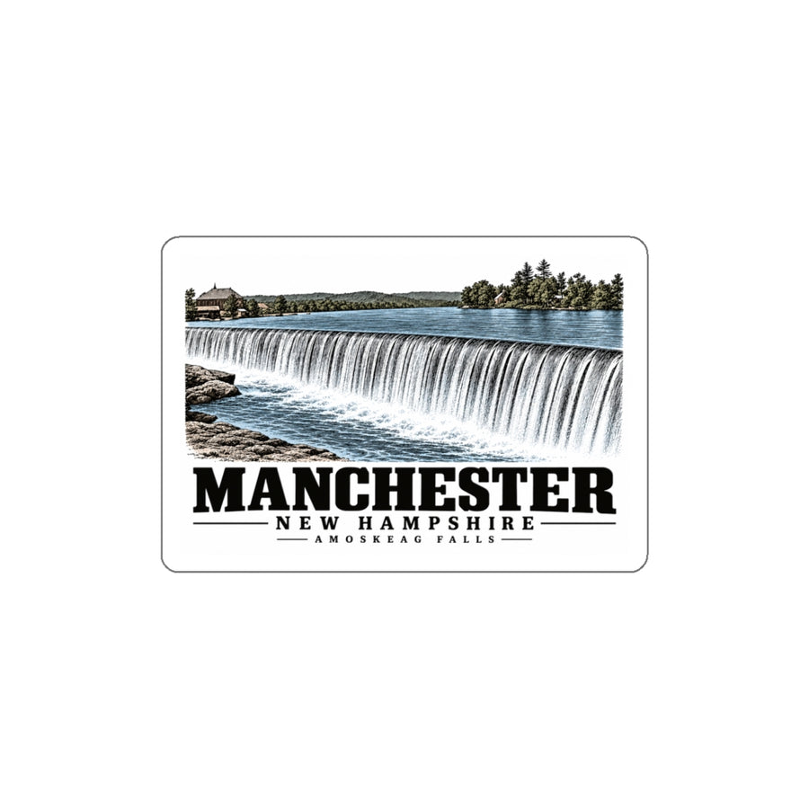 Front of Amoskeag Falls white die-cut sticker, with Manchester, New Hampshire artwork and lettering.