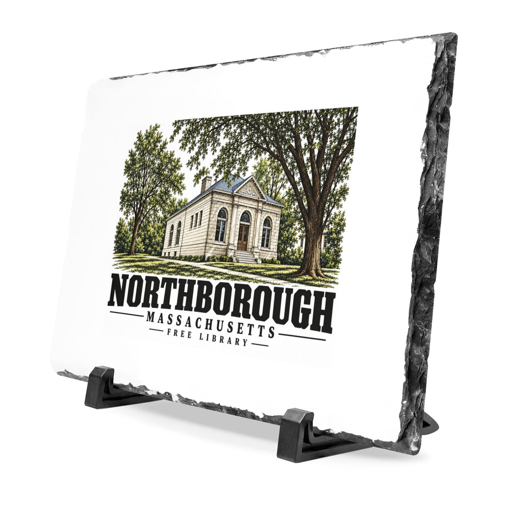Illustrated Free Library in Northborough on slate desk plaque