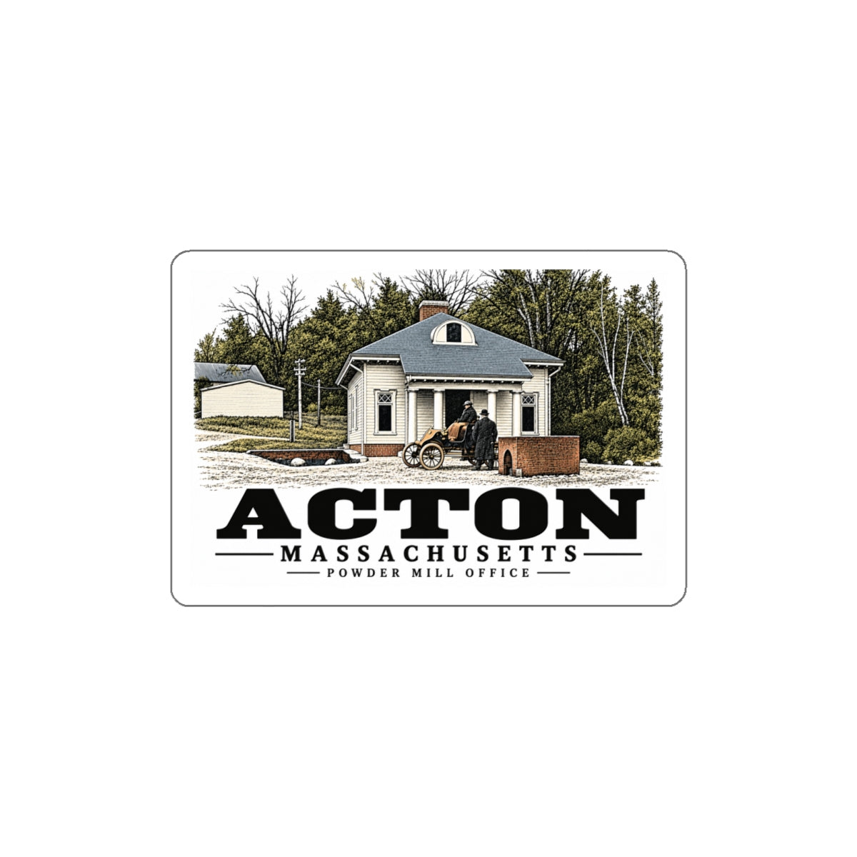 Illustrated Powder Mill Office in Acton on die-cut sticker