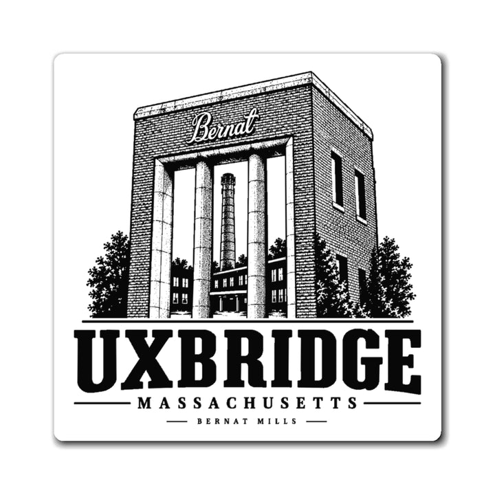 Front view of the Uxbridge Bernat Mill 4-inch square magnet with design