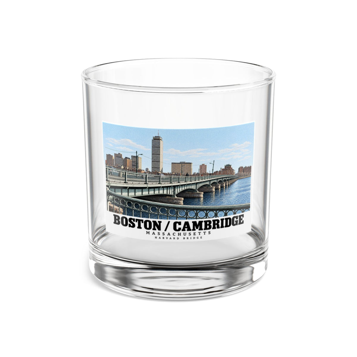 Clear rocks glass front with Harvard Bridge artwork and Boston/Cambridge lettering