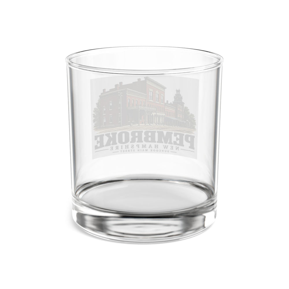 Main Street clocktower commercial streetscape, Pembroke illustration on 10 oz rocks glass — rear view through clear glass
