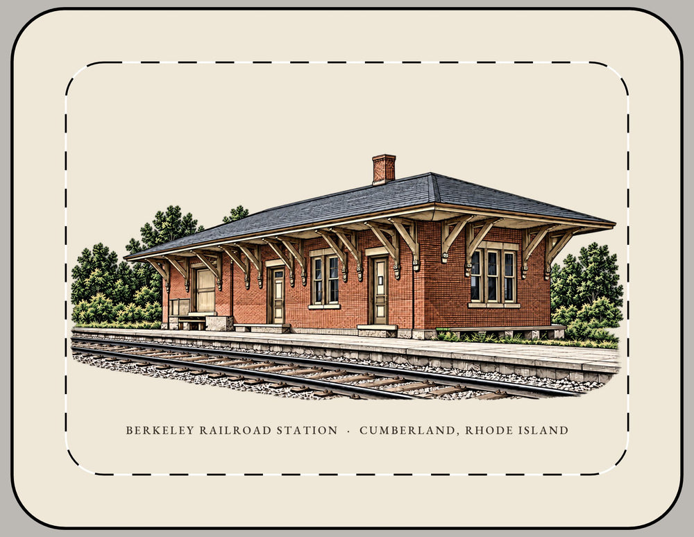 Cumberland Berkeley Railroad Station 15-inch laptop sleeve mockup showing the full illustrated print