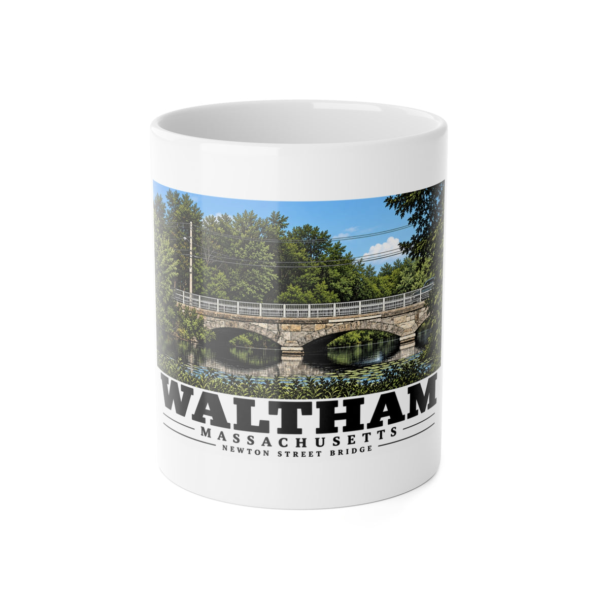 Front view of the white ceramic mug with Waltham Newton Street Bridge artwork.