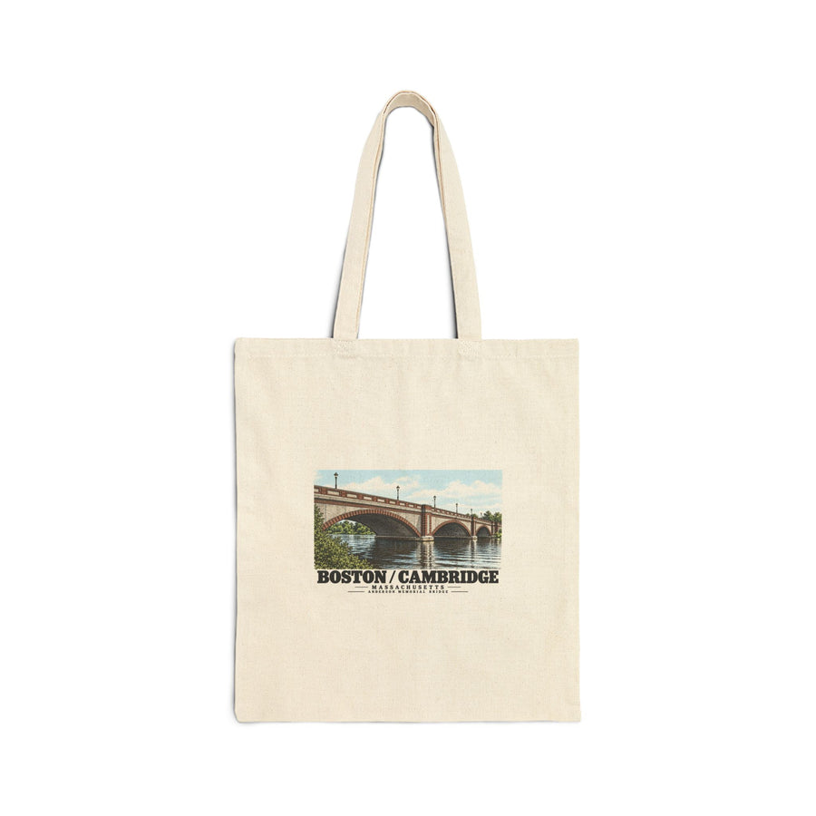 Natural fabric tote with Anderson Memorial Bridge close arch view artwork and Boston/Cambridge lettering