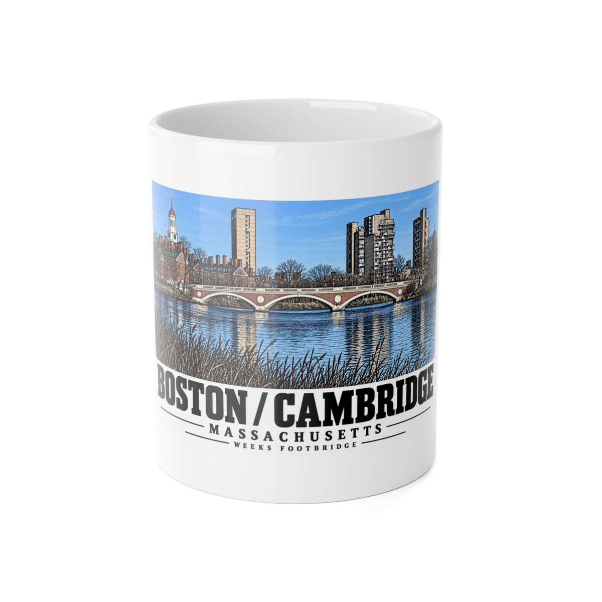 White mug showing Weeks Footbridge stone arches and riverside towers artwork and Boston/Cambridge lettering