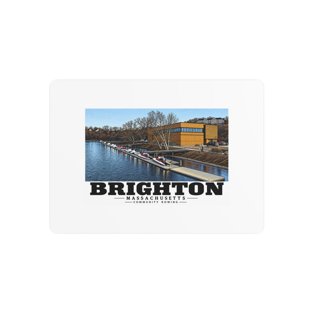 Metal wall print showing Community Rowing building, dock and boats artwork and Brighton lettering