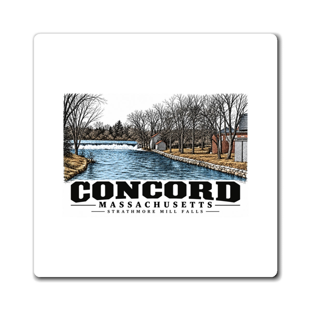 Illustrated Strathmore Mill Falls in Concord on square magnet