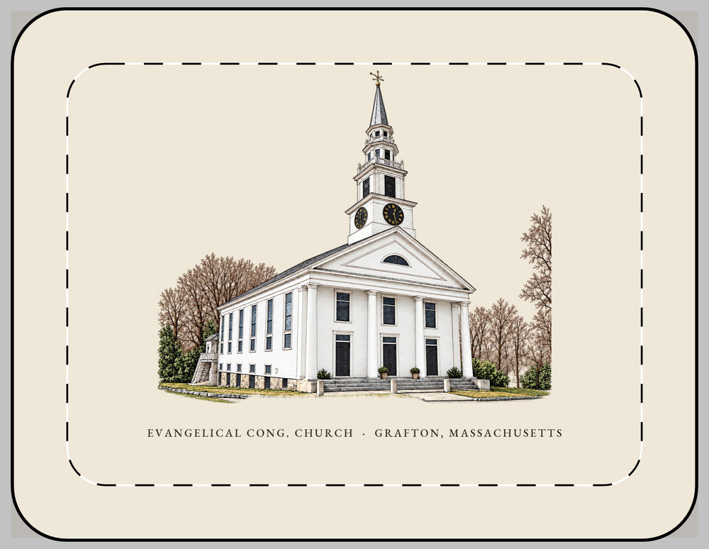 Grafton Evangelical Congregational Church 13-inch laptop sleeve mockup showing the full illustrated print