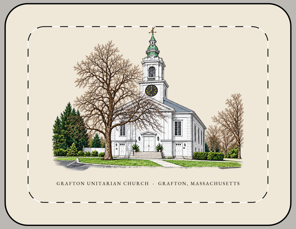 Grafton Unitarian Church at Grafton Common 15-inch laptop sleeve mockup showing the full illustrated print