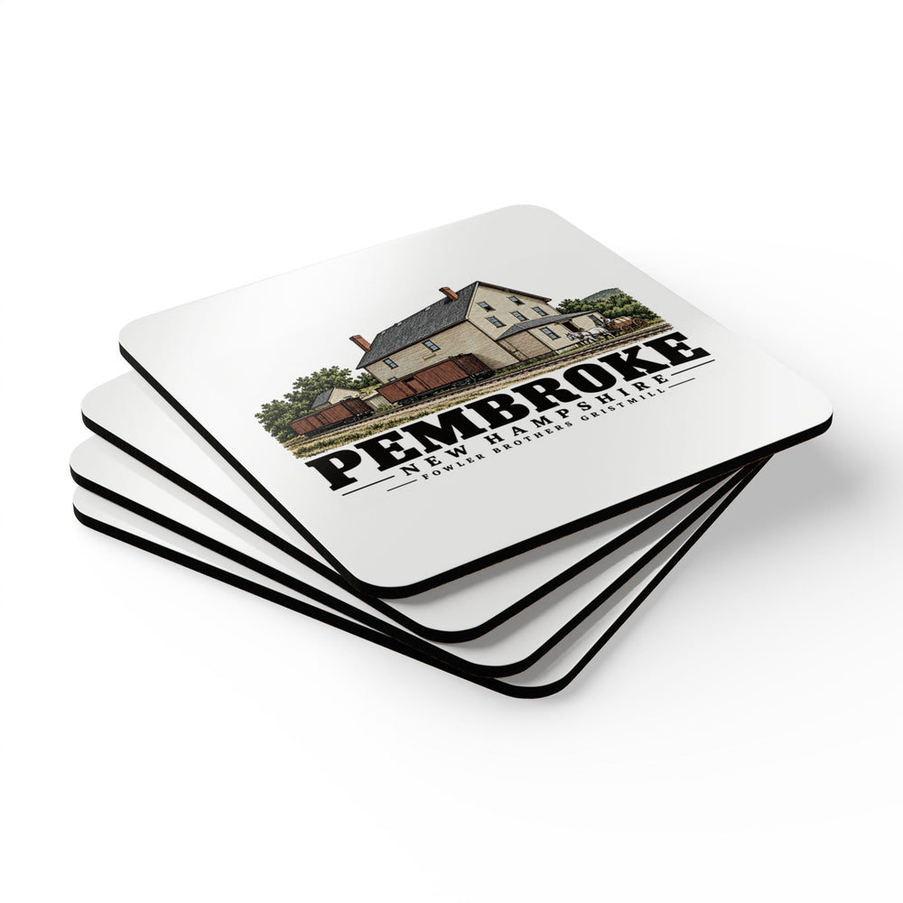Pembroke Fowler Brothers gristmill and grain storehouse with boxcars Cork Back Coaster Set - Merrimack Valley Goods