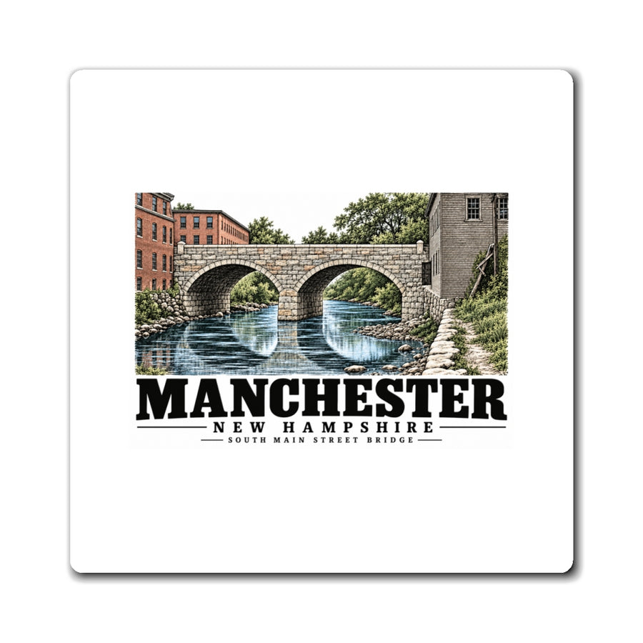 Front of South Main Street Bridge square magnet, with Manchester, New Hampshire artwork and lettering.