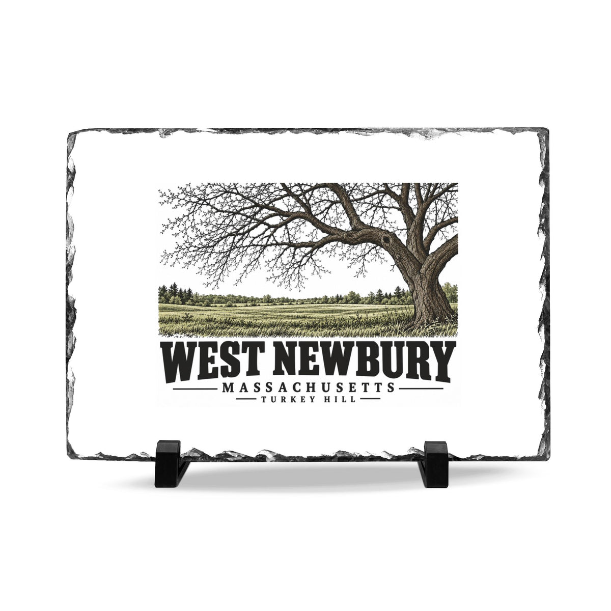 Front on display stands of Turkey Hill slate desk plaque, with West Newbury, Massachusetts artwork and lettering.