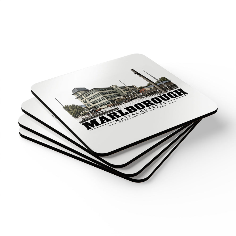 Illustrated Douglass Shoe Factory in Marlborough on corkwood coaster set