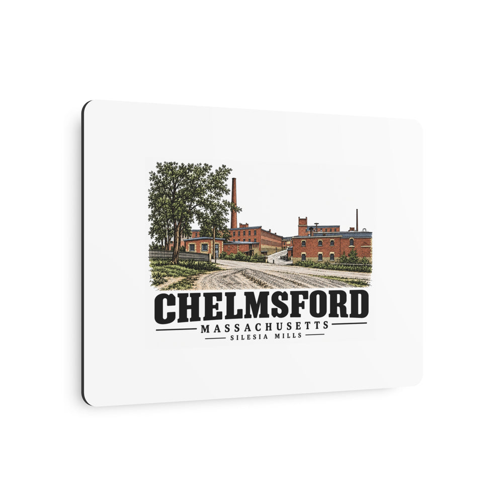 Angled front of Silesia Mills metal wall art, with Chelmsford, Massachusetts artwork and lettering.