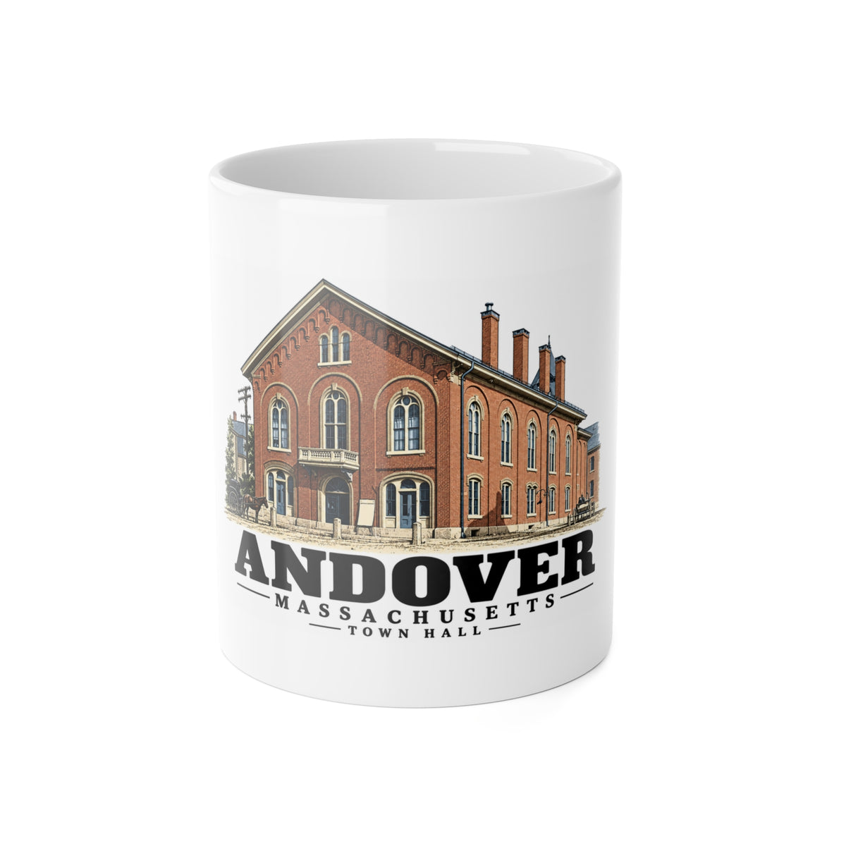 Front of Town Hall white ceramic mug, Andover, Massachusetts.