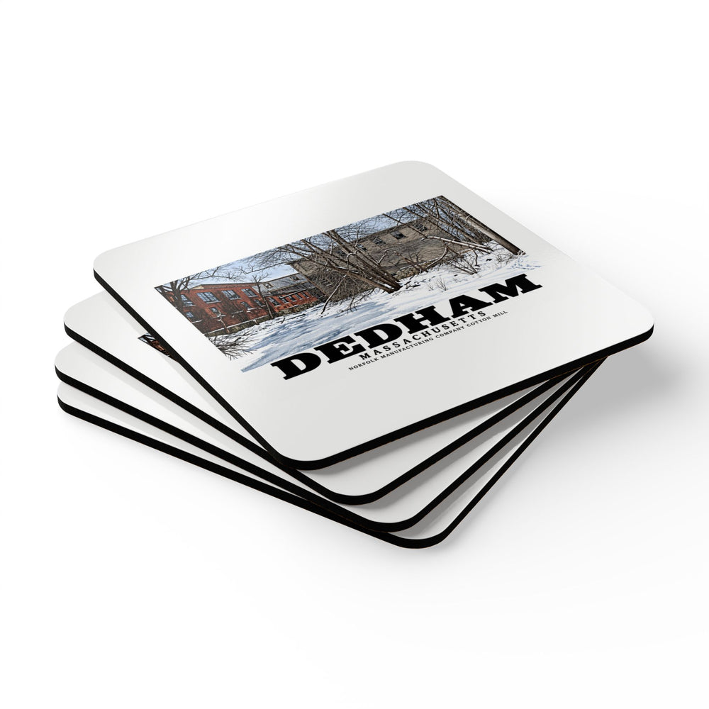 Illustrated Norfolk Manufacturing Company Cotton Mill in Dedham on corkwood coaster set