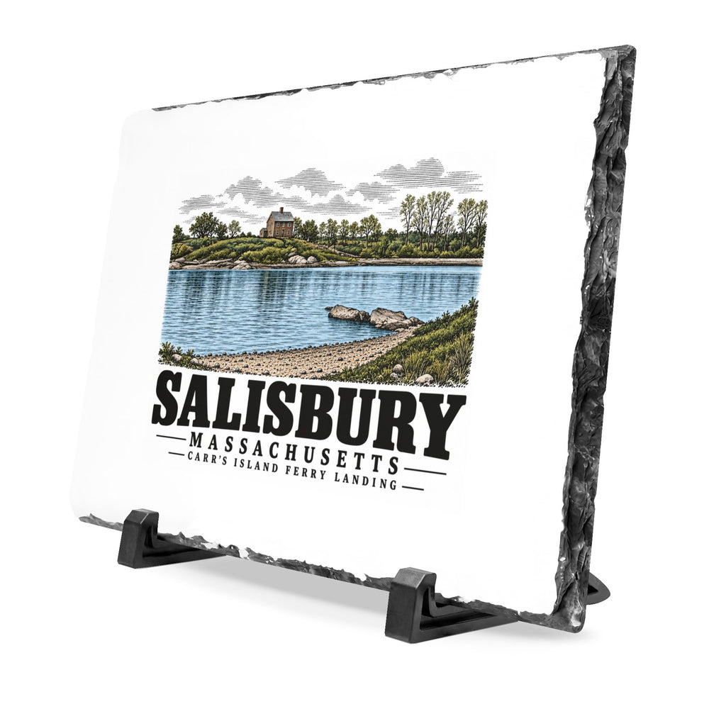 Angled front on display stands of Carrs Island slate desk plaque, with Salisbury, Massachusetts artwork and lettering.
