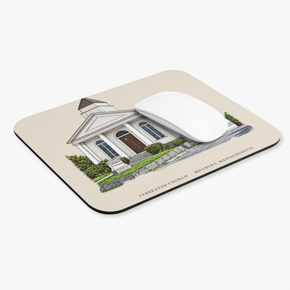Millbury Federated Church / First Presbyterian Meeting House mouse pad mockup showing the full illustrated print