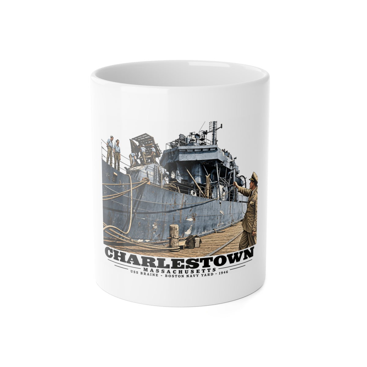 Illustrated USS Braine at Boston Navy Yard in Charlestown on ceramic mug