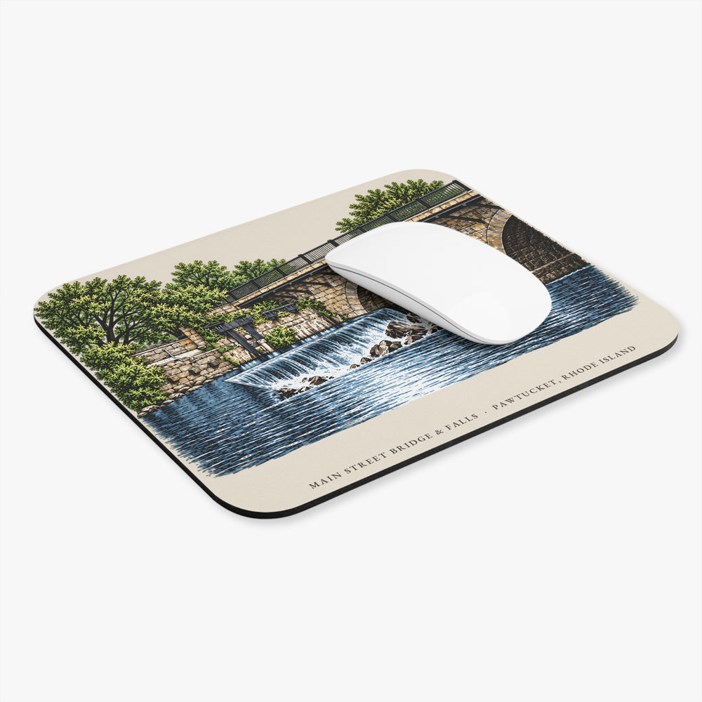 Pawtucket Main Street Stone-Arch Bridge and Falls mouse pad mockup showing the full illustrated print