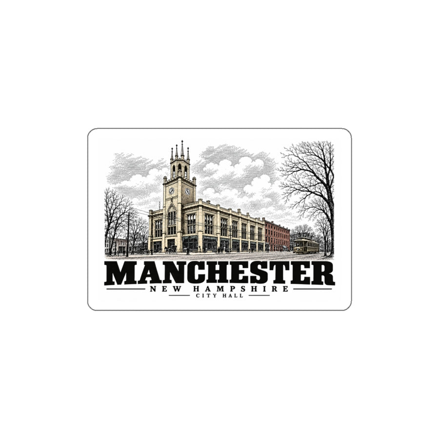 Front of Manchester City Hall white die-cut sticker, Manchester, New Hampshire.