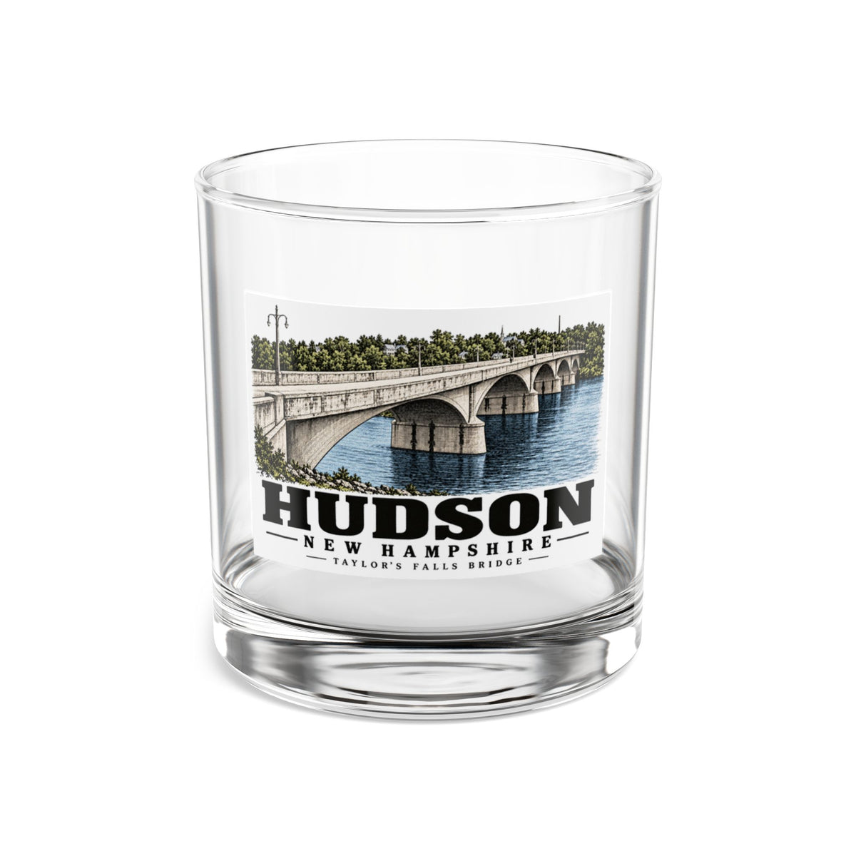 Taylor’s Falls concrete bridge, Hudson illustration on 10 oz rocks glass — front view