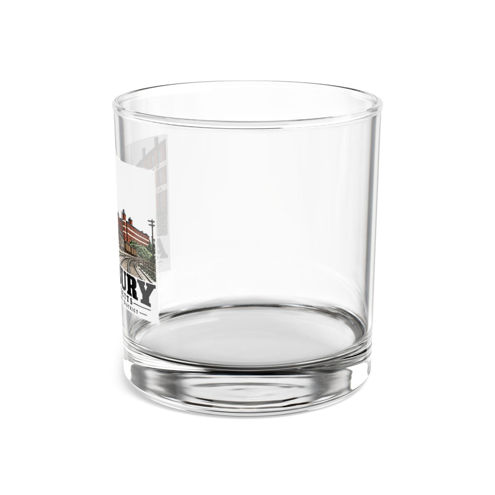 Walker-Wells automobile-body factory district and Boston & Maine rail yard, Amesbury illustration on 10 oz rocks glass — left side view
