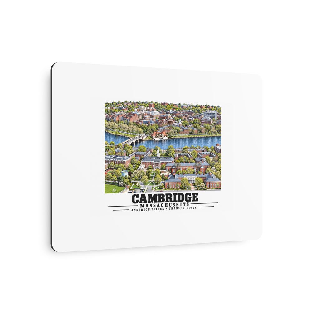 Angled view of metal wall art with the Cambridge and Charles River design.