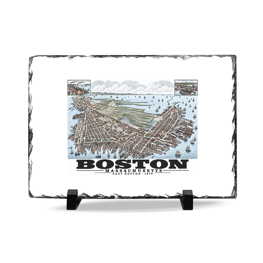 Rough-edged slate display on two black stands with East Boston bird-eye city and harbor panorama with inset views artwork and Boston lettering