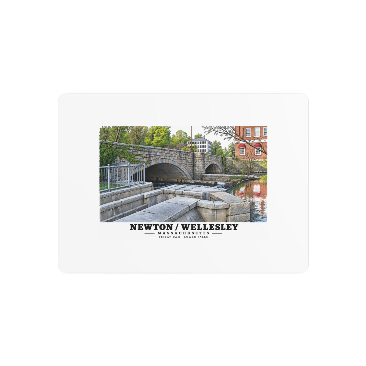 Metal wall print showing Finlay Dam stone arches and water artwork and Newton/Wellesley lettering