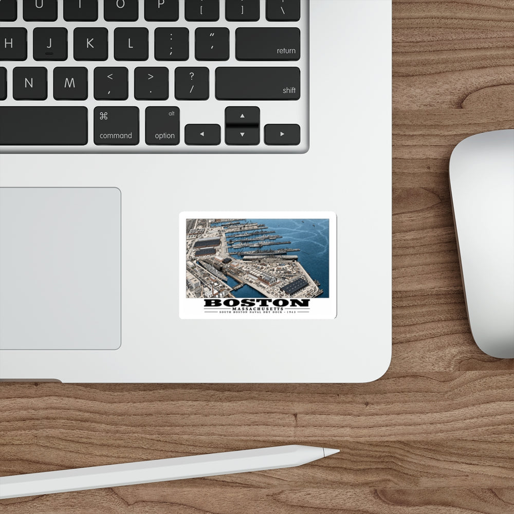 Aerial view of US Naval Dry Dock-BB-61 USS IOWA in dry dock #3-USS BUNKER HILL at East Jetty-AP-21 USS WAKEFIELD at pier 4 in White Die-Cut Sticker - Boston Harbor