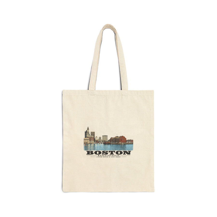 Custom House left to Long Wharf right Natural Heavy Canvas Tote - Boston Harbor