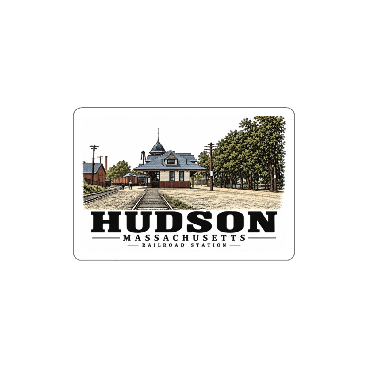 Illustrated Railroad Station in Hudson on die-cut sticker