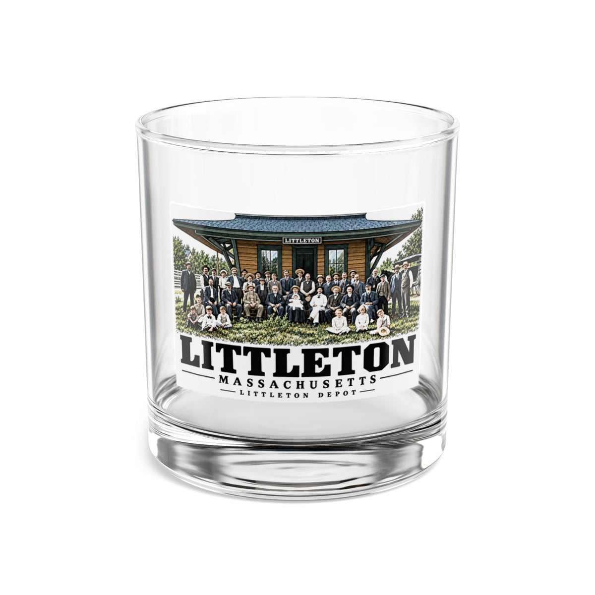 Illustrated Littleton Depot in Littleton on rocks glass