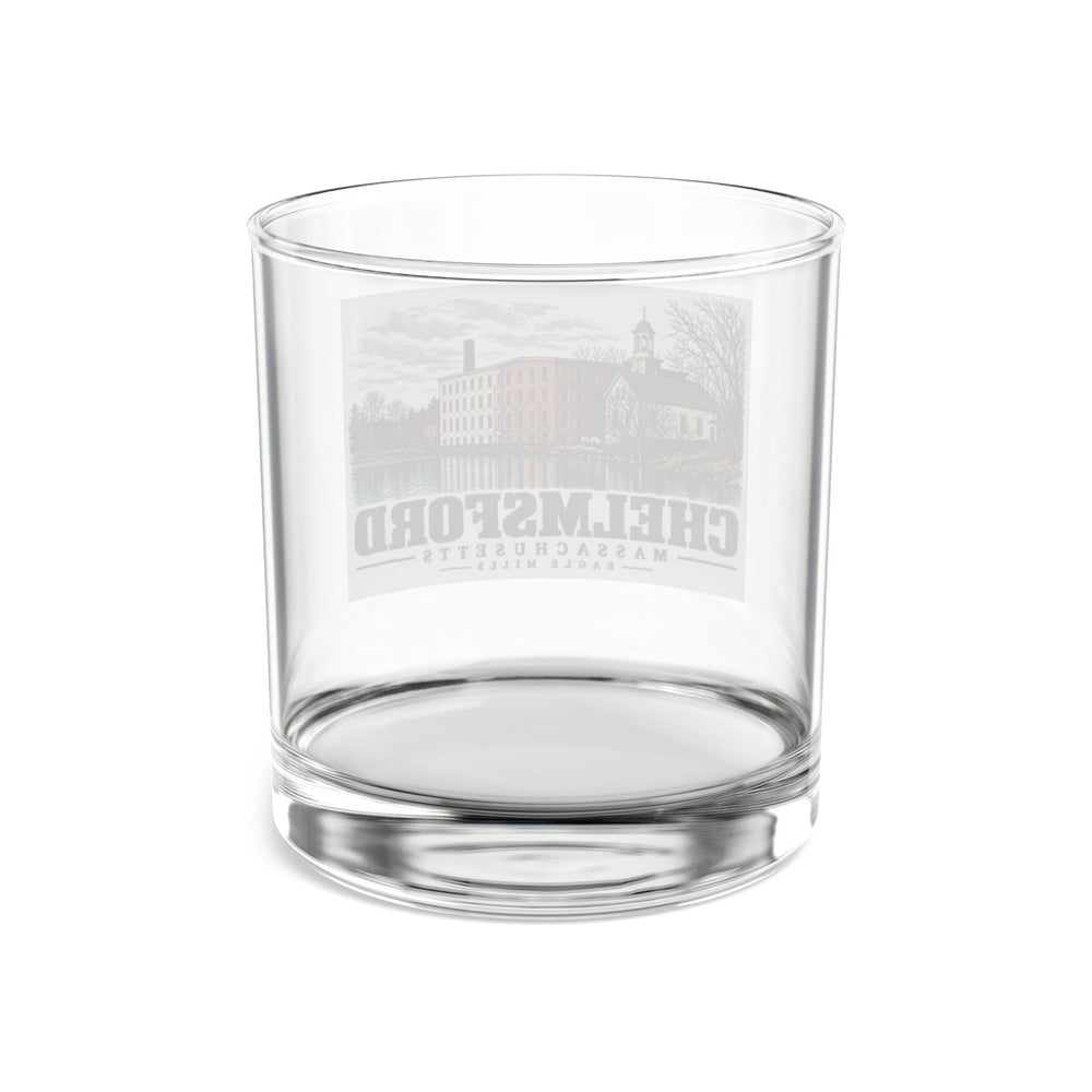 Transparent reverse of Eagle Mills rocks glass, with Chelmsford, Massachusetts artwork and lettering.