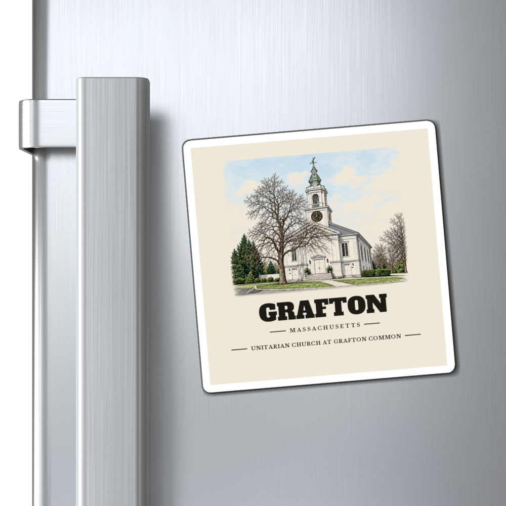 Grafton Unitarian Church at Grafton Common 4 inch magnet shown on a refrigerator