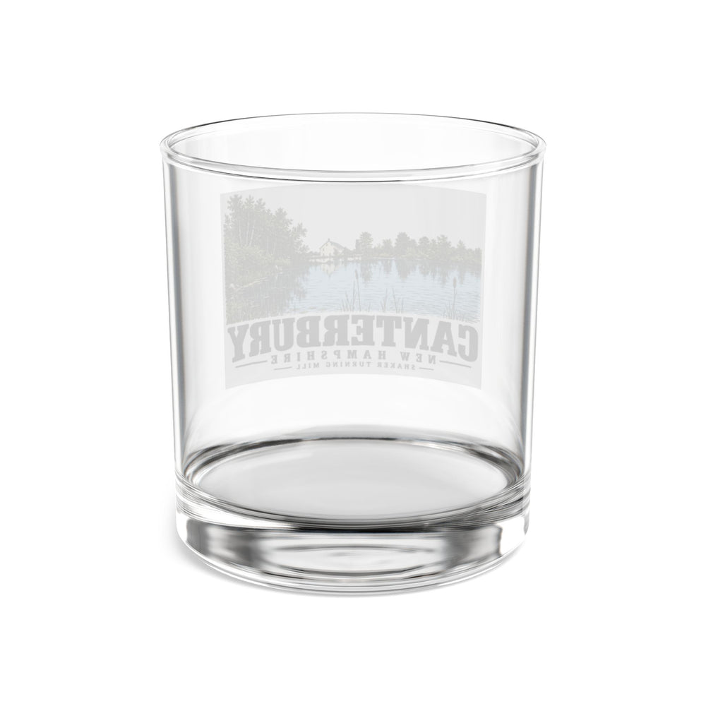 Transparent reverse of Shaker Turning Mill rocks glass, with Canterbury, New Hampshire artwork and lettering.