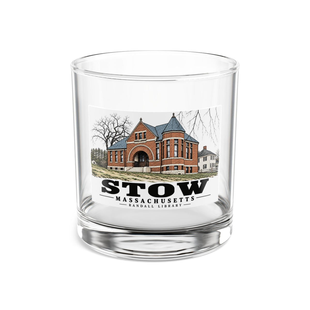 Illustrated Randall Library in Stow on rocks glass