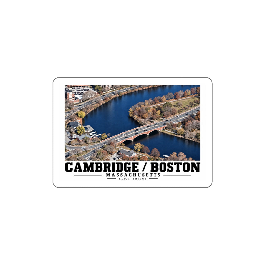 White bordered sticker showing Eliot Bridge aerial river view artwork and Boston/Cambridge lettering