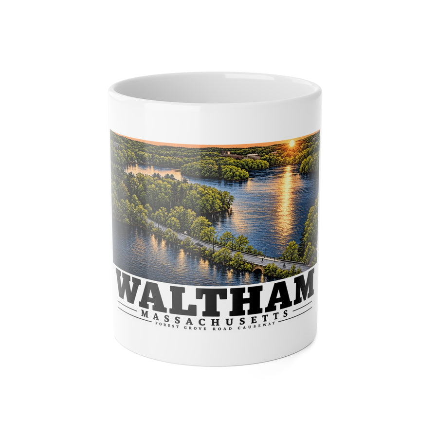 Front view of the white ceramic mug with Waltham Forest Grove Road Causeway artwork.