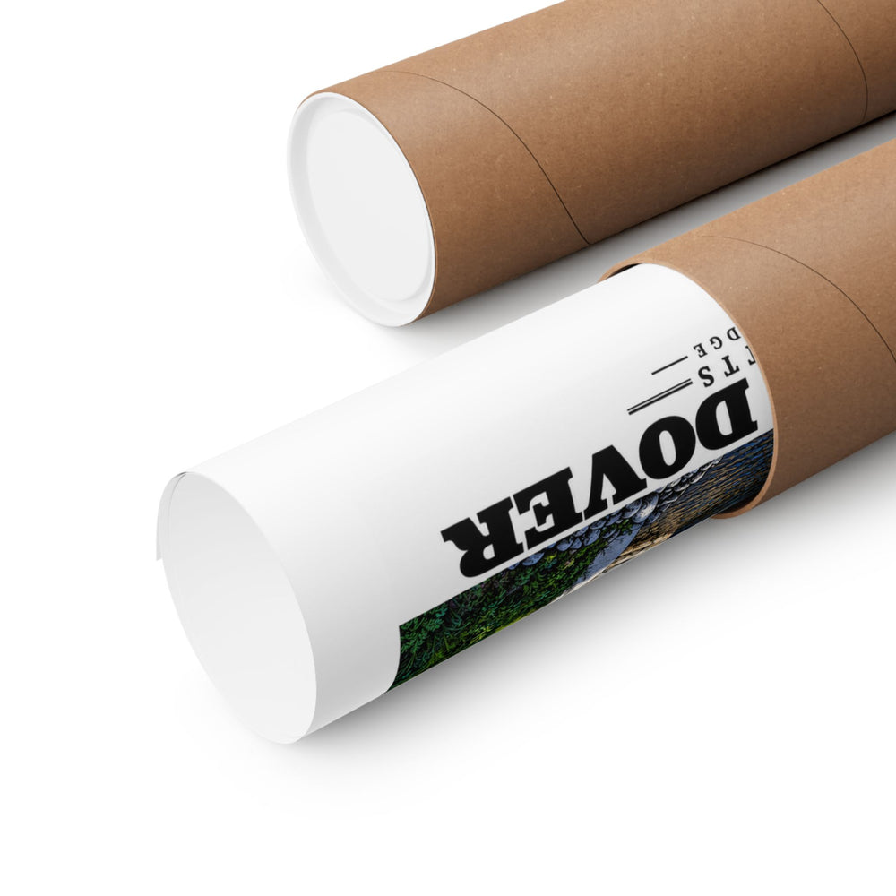 Partly rolled poster extending from a cardboard tube with partial Dover lettering and a narrow strip of the printed scene visible