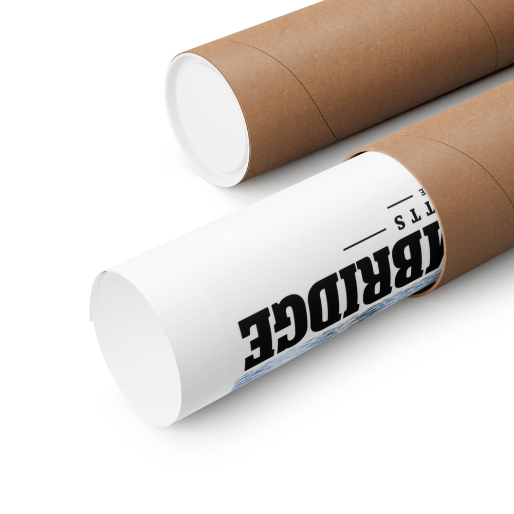 Rolled poster partly emerging from a cardboard tube, with partial Boston/Cambridge lettering and design visible.