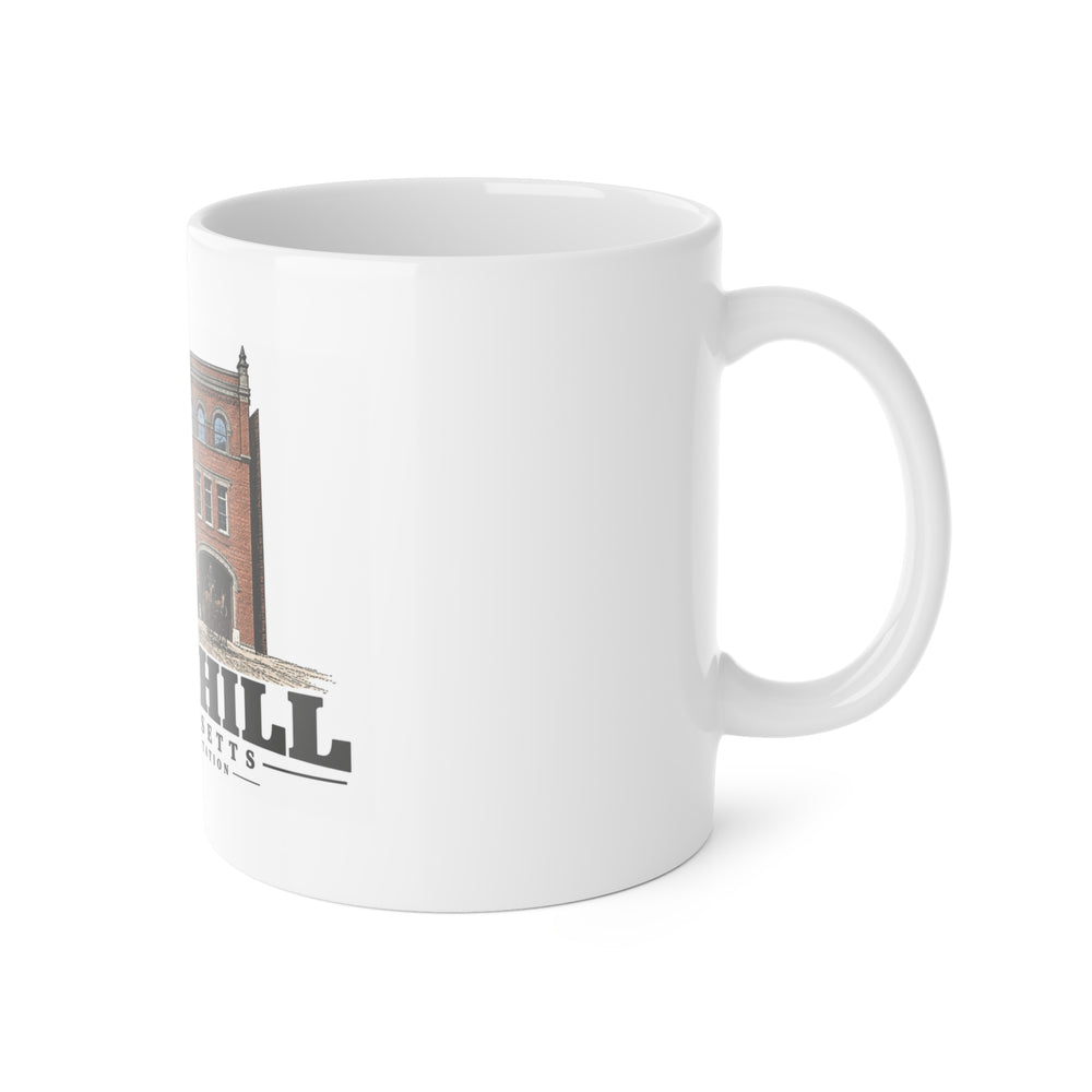 Haverhill Central Fire Station with horse-drawn apparatus 11 oz White Ceramic Mug - Merrimack Valley Goods